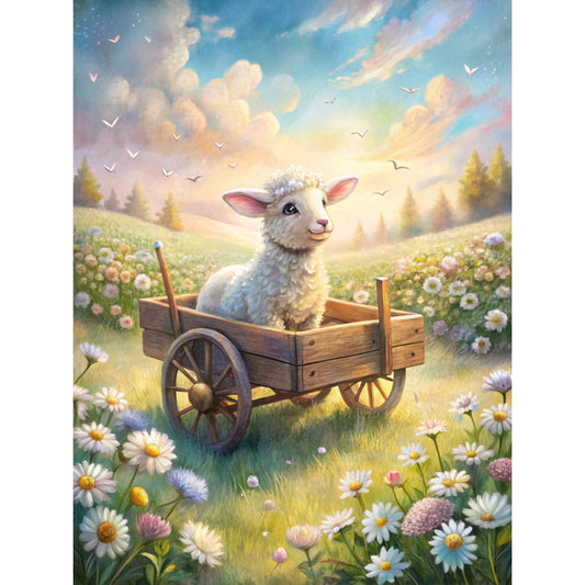 lamb, sheep, wooden wagon, wildflowers, daisies, pastoral scene, spring meadow, soft pastels, sky blue, cream white, pink flowers, purple blooms, rolling hills, whimsical art, fabric panel, quilting cotton, nursery theme, farm animals, peaceful countryside, dreamy illustration