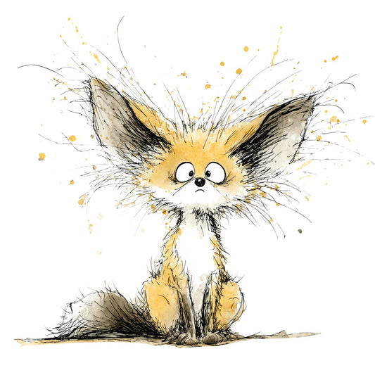 golden yellow, cream, black, tan, watercolor, whimsical, cute animals, fox, fluffy, playful, illustration, ink sketch, splatter, artistic, modern, children's, nursery, baby, adorable, expressive eyes, cartoon style, nature inspired, woodland, quirky, fun, decorative, wall art, home decor