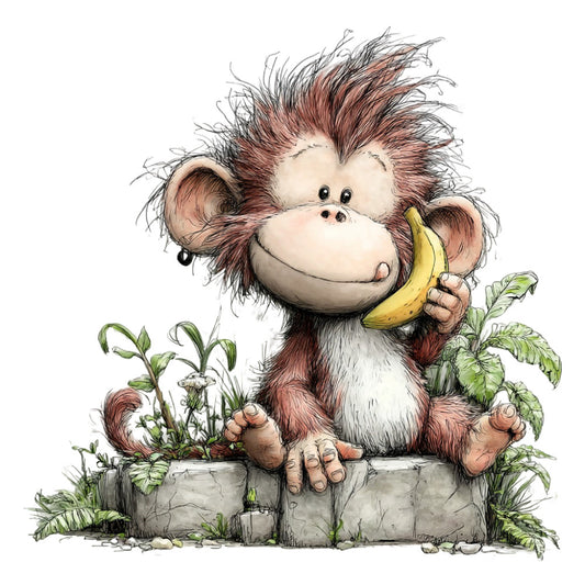 monkey, cute animals, whimsical, children's, nursery, baby, playful, brown, cream, white, yellow, green, banana, plants, garden, nature, woodland, storybook illustration, charming, kid-friendly, animal panel, tropical, organic, natural tones, soft colors, friendly faces, decorative, wall hanging, apparel, smile
