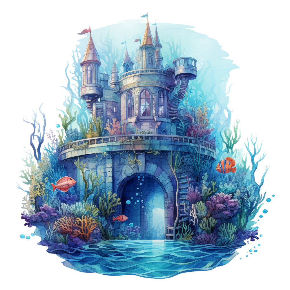 underwater castle, turquoise blue, aqua, coral pink, purple, ocean scene, fish, coral reef, seaweed, fantasy architecture, towers, spires, bubbles, marine life, whimsical illustration, fairy tale, fabric panel, quilting cotton, ocean fantasy, mermaid theme, underwater kingdom, tropical fish, sea life