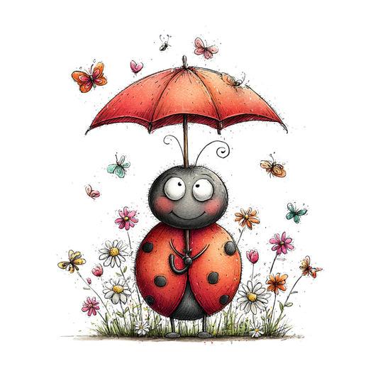 red ladybug, coral orange, pink flowers, whimsical, nature, insects, butterflies, bees, daisies, ladybug, umbrella, children's, spring, summer, garden theme, cute characters, playful, charming, illustration, storybook, floral, animal theme, cheerful, bright colors, kid friendly, whimsy art, nature lover, outdoor theme, flower garden, bug motif