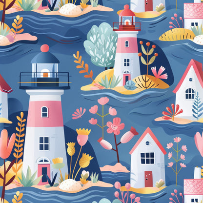 Springtime Lighthouse Scene Pattern 5 Quilting Cotton Fabric