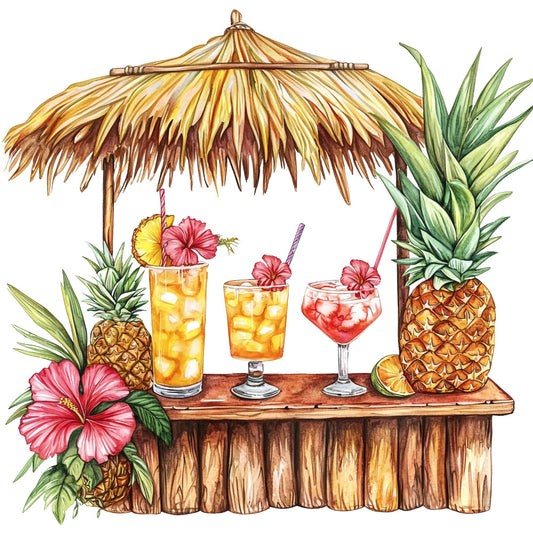 tropical tiki bar, palm frond umbrella, hibiscus flowers, pineapples, cocktails drinks, bamboo bar, thatched roof, watercolor illustration, pink coral, golden yellow, emerald green, brown wood tones, vacation scene, hawaiian theme, fabric panel, summer paradise, tropical fruits, beach bar setting, island vibes, quilting cotton