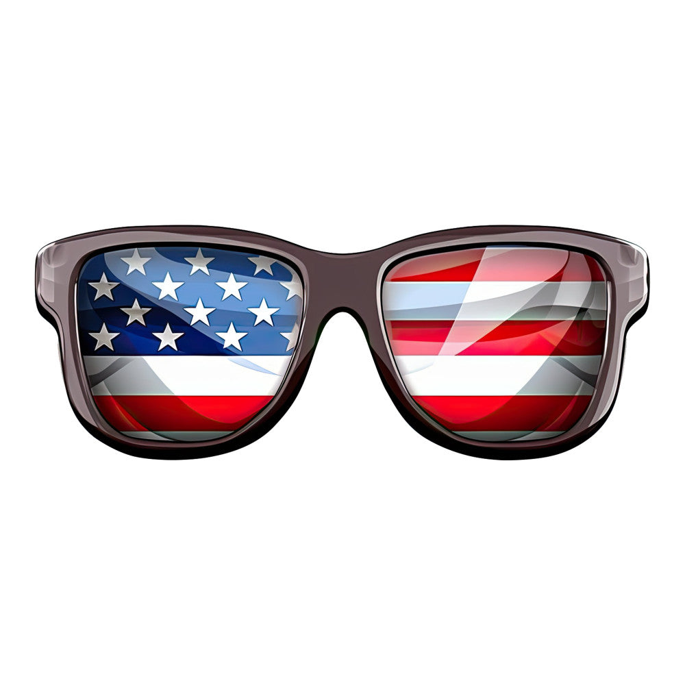 american flag, patriotic, red white blue, stars and stripes, sunglasses, novelty, fourth of july, independence day, usa, united states, patriotic theme, fun and playful, whimsical, modern, bold colors, bright red, navy blue, white, geometric shapes, statement print, americana, holiday, summer, wall hanging, apparel fabric, home decor, retro style, trendy, pop culture