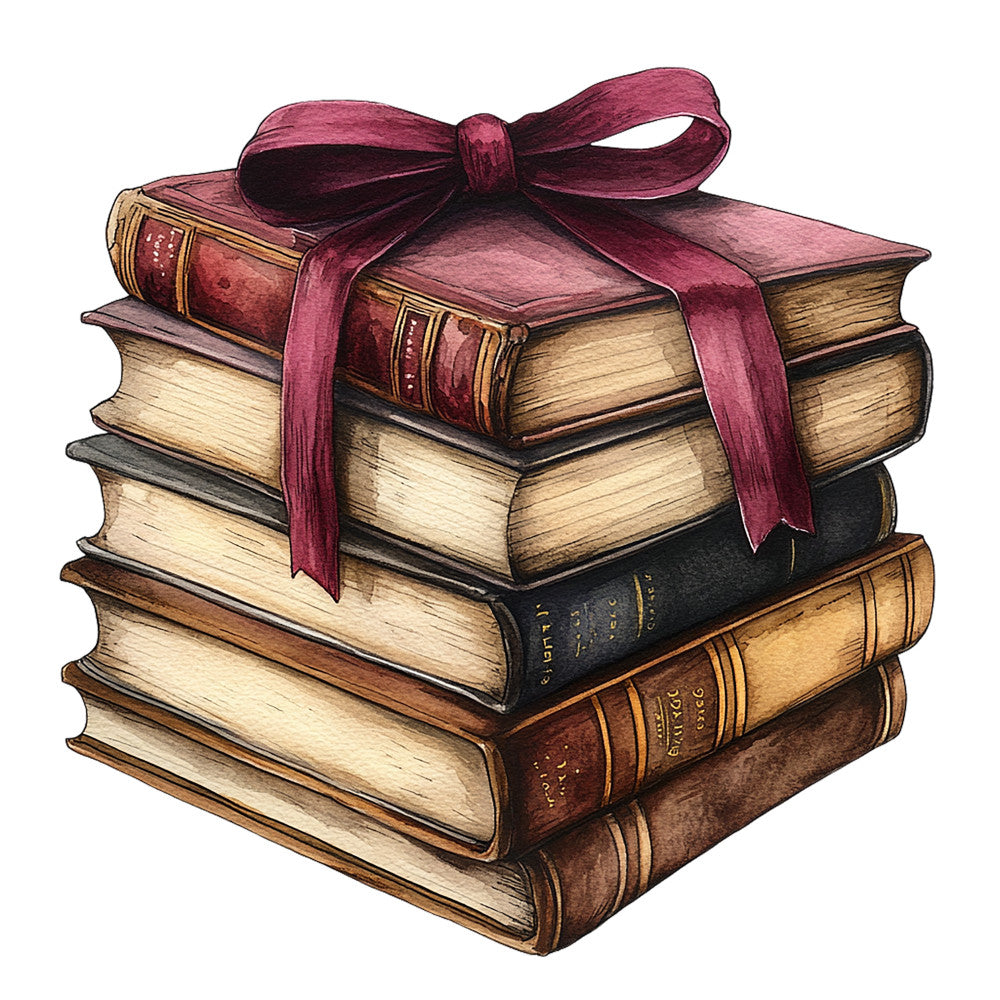 burgundy ribbon, vintage books, stacked books, watercolor illustration, antique style, aged pages, leather bound, gold lettering, maroon bow, literary theme, book lover, scholarly, fabric panel, quilting cotton, warm browns, cream pages, dark academia, romantic mood, bibliophile design, nostalgic art