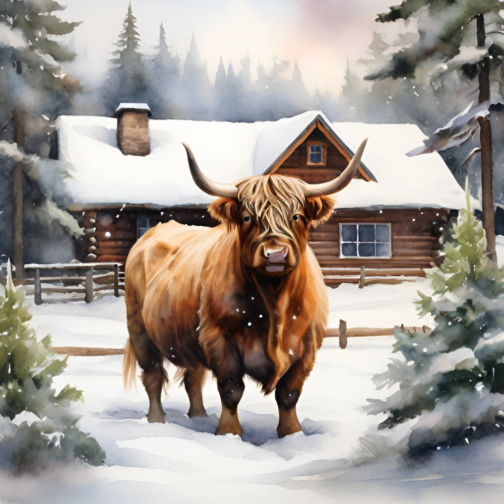 highland cattle, winter scene, snowy landscape, log cabin, rustic farmhouse, brown, cream, forest green, sage green, warm tones, animals, livestock, nature, winter, christmas, holiday, pastoral, country, farmhouse style, traditional, whimsical, cozy, evergreen trees, snow-covered, mountain landscape, cabin decor, farm animals, peaceful, scenic, seasonal