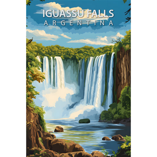 iguassu falls, argentina, waterfall scene, travel poster, vintage poster style, blue sky, white clouds, cascading water, lush greenery, tropical vegetation, rocky cliffs, turquoise water, mist spray, nature landscape, fabric panel, quilting cotton, scenic vista, south american destination, tourism art, paradise setting