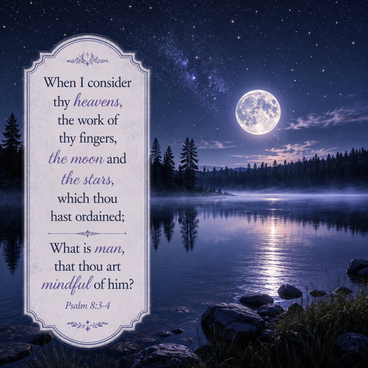 navy blue, midnight blue, silver, moonlight, celestial, stars, moon, night sky, forest, trees, lake, water, reflections, nature, inspirational, scripture, psalm, spiritual, religious, quote, typography, text, landscape, nighttime, evening, serene, peaceful, contemplative, elegant, traditional