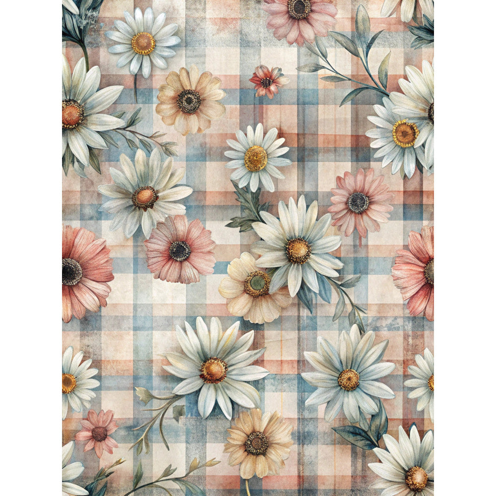 daisy flowers, floral pattern, checkered background, pink blossoms, white daisies, peach flowers, yellow centers, green leaves, botanical design, vintage style, shabby chic, fabric panel, quilting cotton, spring flowers, cottage core, muted colors, watercolor style, repeating pattern, craft fabric, sewing material