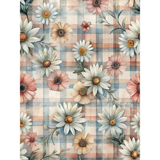 daisy flowers, floral pattern, checkered background, pink blossoms, white daisies, peach flowers, yellow centers, green leaves, botanical design, vintage style, shabby chic, fabric panel, quilting cotton, spring flowers, cottage core, muted colors, watercolor style, repeating pattern, craft fabric, sewing material