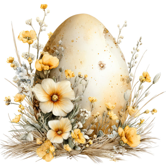 cream egg, golden yellow, soft white, vintage floral, easter, spring, botanical, wildflowers, daisies, nature, rustic, cottage core, farmhouse, elegant, whimsical, dried flowers, neutral tones, pastel, delicate florals, decorative egg, holiday, seasonal, wall hanging, home decor, traditional, romantic, garden themed, buttercream, warm neutrals, floral arrangement