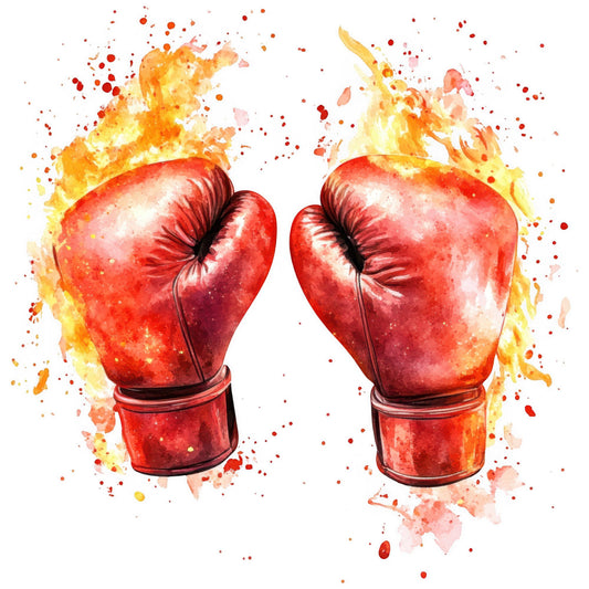boxing gloves, red, crimson red, bright red, deep red, fire, flames, yellow, orange, gold, watercolor, abstract, sports, athletic, dramatic, energetic, bold, vibrant, action, powerful, strength, competition, fighter, combat sports, splatter, artistic, modern, contemporary, fiery, heat