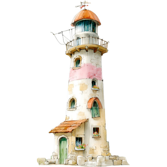 Watercolor Nautical Lighthouse Fabric Panel 1
