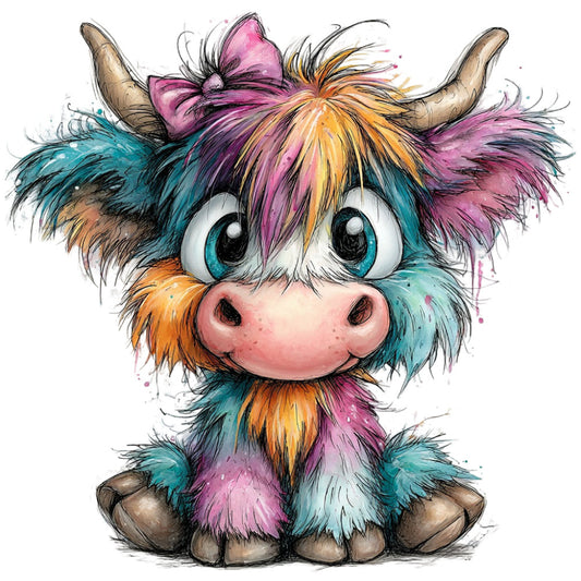 colorful, whimsical, pastel pink, turquoise, orange, purple, magenta, multicolor, animals, highland cattle, highland cow, cute, playful, bohemian, modern, illustration, watercolor, splatter effect, children's, kids, nursery, baby quilt, wall art, decorative, folk art, quirky, fun, artistic