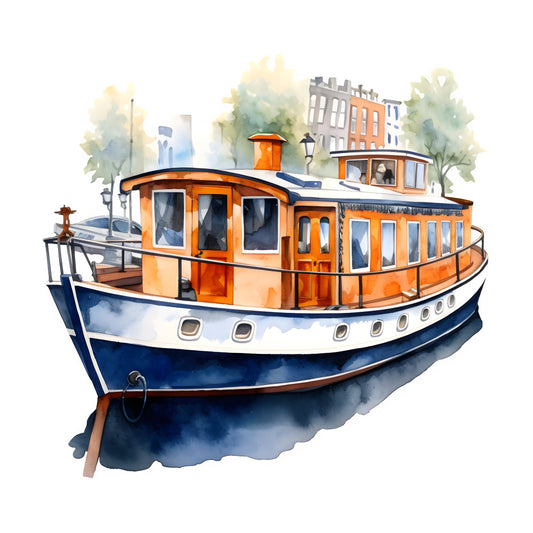 navy blue, orange, cream, watercolor, nautical, boat, steamboat, vintage, whimsical, cityscape, urban, waterfront, trees, buildings, architecture, travel, transportation, scenic, artistic, painted, illustration, coastal, river, dock, retro, charming, storybook, adventure, classic