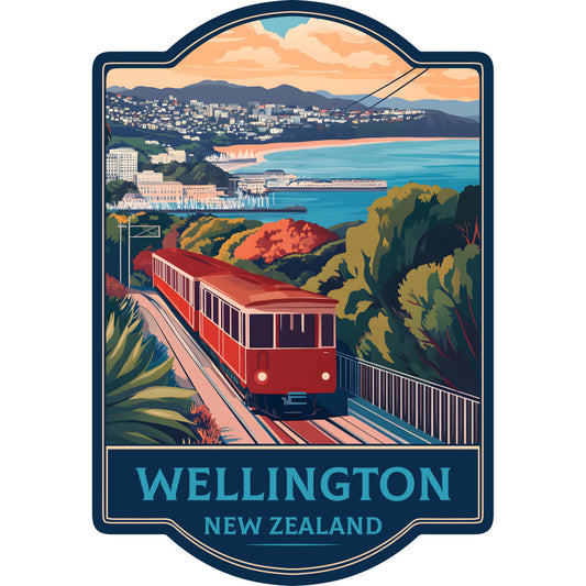 wellington, new zealand, travel, vintage travel poster, retro, cable car, red cable car, turquoise water, bay, coastal, harbor, cruise ship, cityscape, mountains, scenic, art deco, navy blue, coral orange, forest green, golden yellow, autumn colors, foliage, nature, landscape, wanderlust, adventure, retro style, mid-century modern, heritage, iconic landmark