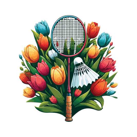 badminton, sports, tennis racket, shuttlecock, tulips, colorful flowers, floral, spring, summer, nature, vibrant, cheerful, whimsical, playful, orange, red, yellow, teal blue, cyan, coral, green, botanical, garden, active lifestyle, hobby, recreational sports, bright colors, multi-colored, illustrated, artistic