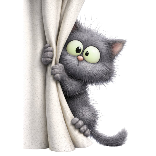 gray cat, charcoal gray, pale yellow, cream, fluffy cat, playful cat, peeking cat, cute animals, whimsical, children's fabric, kids theme, humorous animals, cartoon cat, expressive eyes, animal characters, nursery, playful style, contemporary, modern animals, peekaboo design, fun animals, lighthearted, baby fabric, novelty print, character fabric, decorative panel, wall art, gray and cream, wide-eyed cat, furry animals