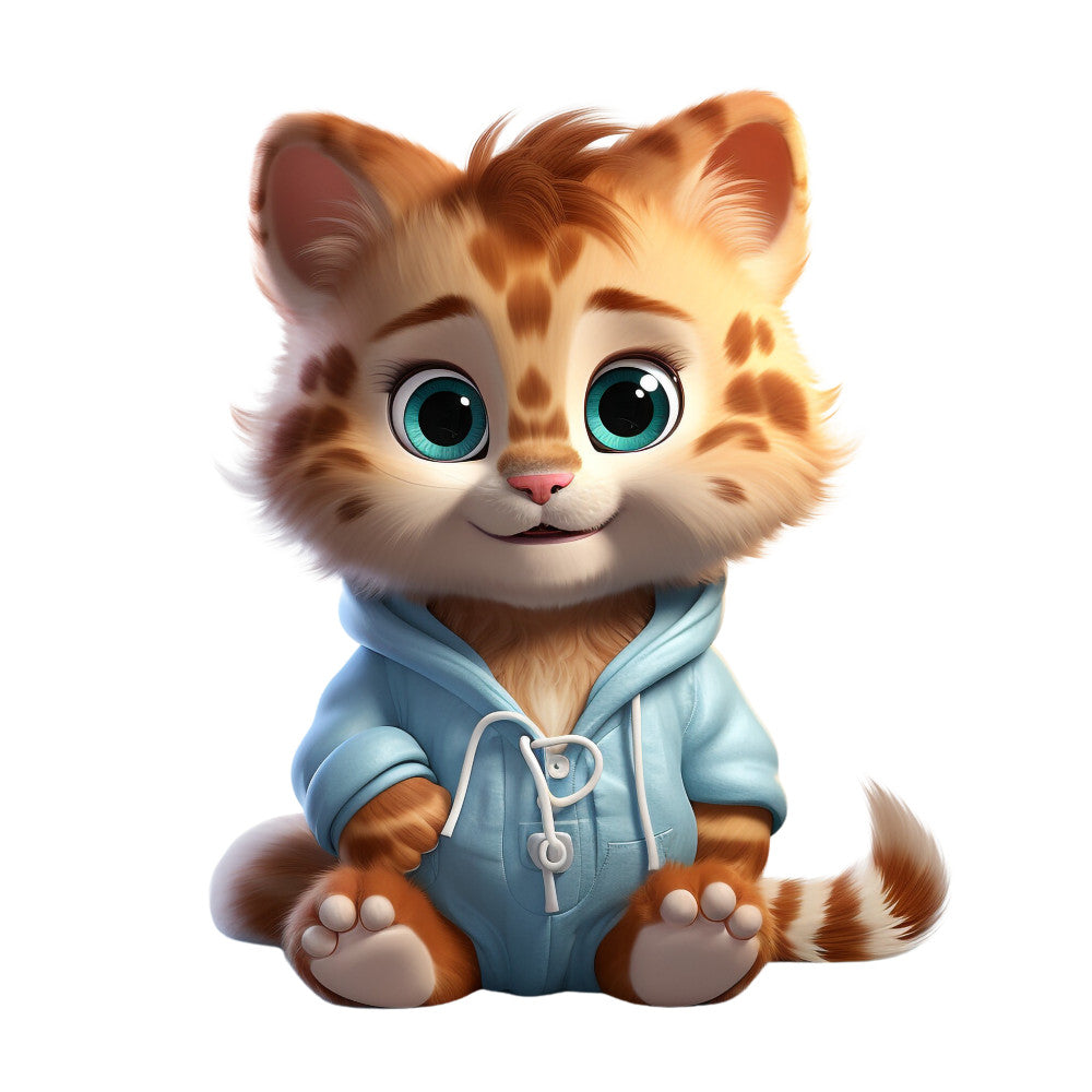orange tabby kitten, turquoise eyes, light blue hoodie, pajama wearing cat, cartoon style, cute animal character, fabric panel, quilting cotton, nursery themed, children's fabric, orange stripes, white fur, sitting pose, adorable expression, soft pastels, baby animal, sleepwear design, craft fabric, sewing material, whimsical illustration