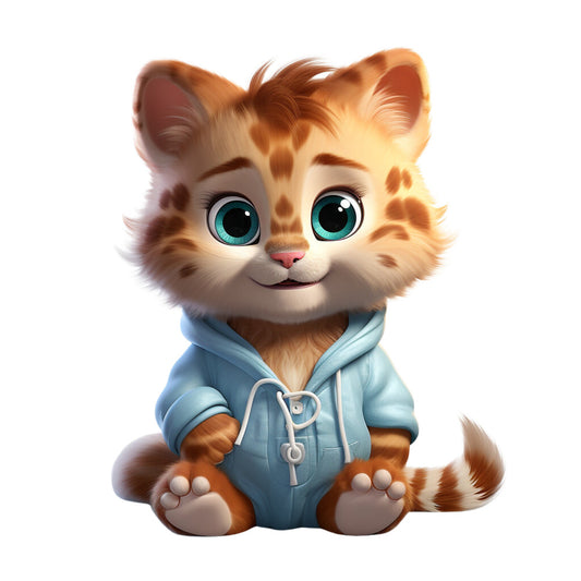 orange tabby kitten, turquoise eyes, light blue hoodie, pajama wearing cat, cartoon style, cute animal character, fabric panel, quilting cotton, nursery themed, children's fabric, orange stripes, white fur, sitting pose, adorable expression, soft pastels, baby animal, sleepwear design, craft fabric, sewing material, whimsical illustration