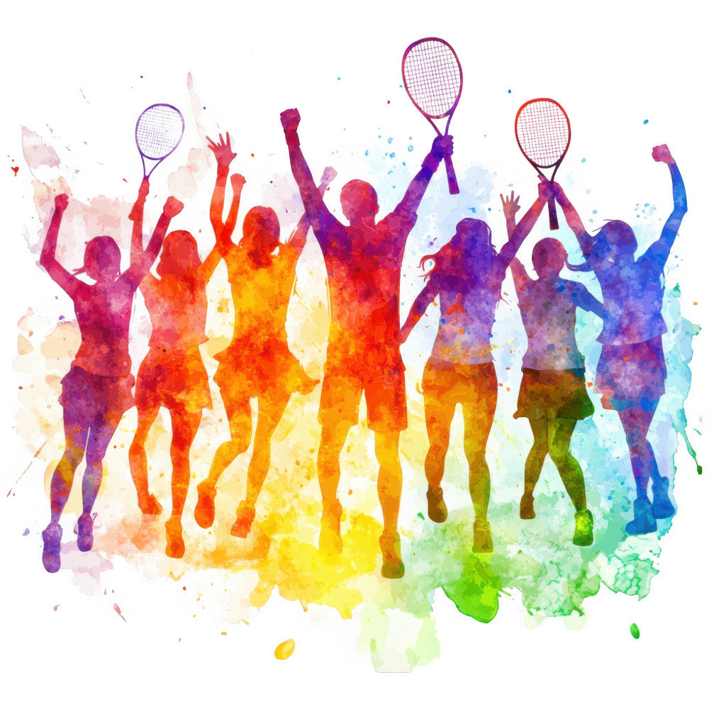 watercolor, rainbow, sport, tennis, athletic, vibrant, colorful, abstract, modern, energetic, silhouette, ombre, gradient, red, orange, yellow, green, blue, purple, pink, splatter, paint splash, action, active wear, youth, celebration, victory, champion, motivational, inspirational