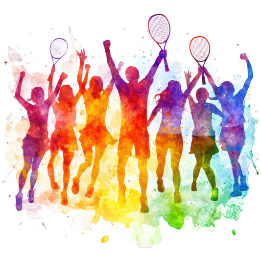 watercolor, rainbow, sport, tennis, athletic, vibrant, colorful, abstract, modern, energetic, silhouette, ombre, gradient, red, orange, yellow, green, blue, purple, pink, splatter, paint splash, action, active wear, youth, celebration, victory, champion, motivational, inspirational