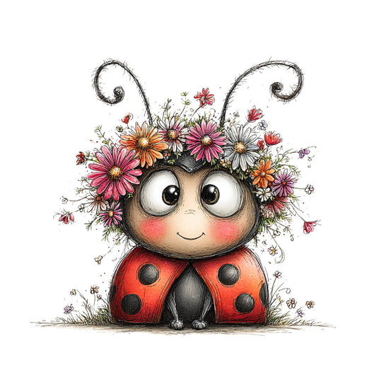 ladybug, whimsical, flowers, floral, cute animals, insects, nature, spring, summer, red, pink, orange, white, black, gold, colorful, cheerful, children's, baby, illustration, botanical, daisy, gerbera, artistic, playful, fantasy, garden, bright, vibrant, folk art style