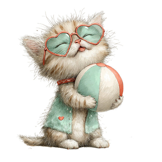 cat, kitten, animals, whimsical, playful, cute, heart-shaped sunglasses, beach ball, summer, vacation, fun, humor, mint green, coral pink, cream, soft colors, sweet, cheerful, quirky, illustration, children's, kids, baby, light-hearted, charming, decorative, wall hanging, nursery, pet themed, graphic