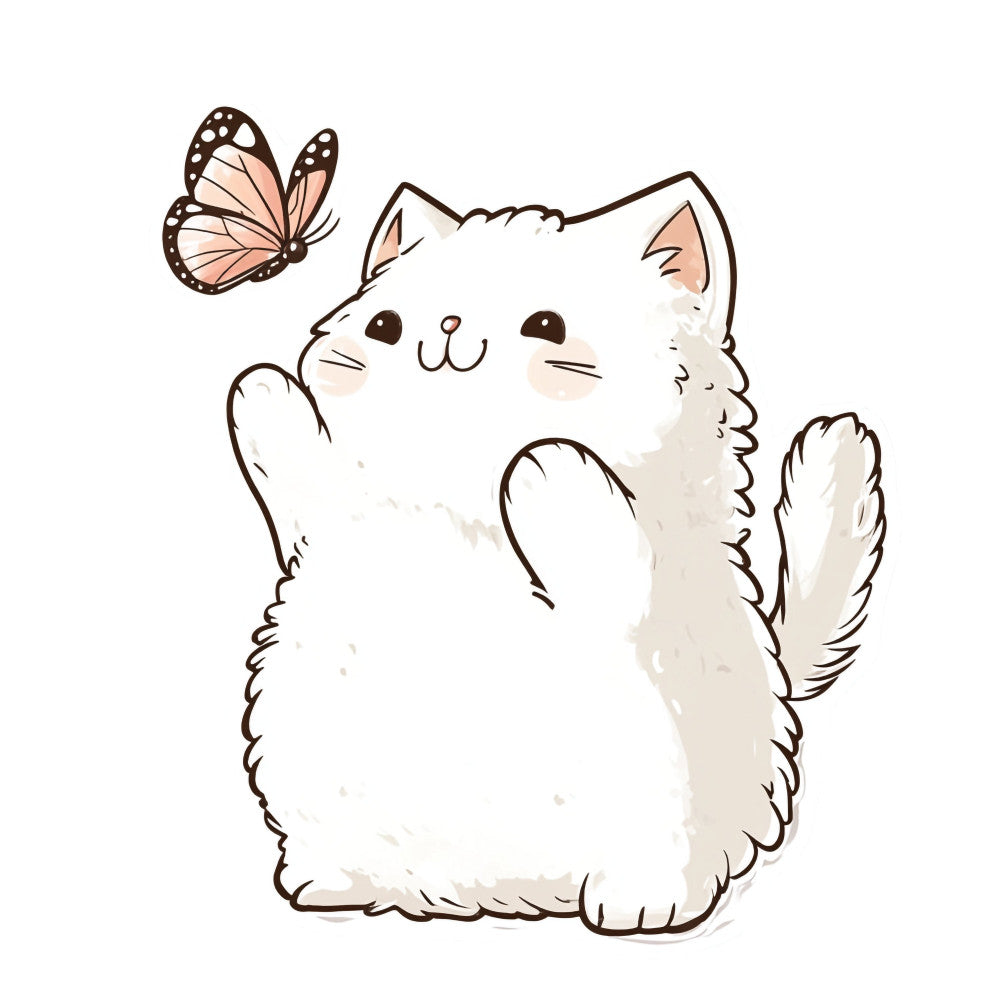 white cat, cream colored, peach, brown, cute animals, whimsical, playful, butterfly, nature, children's, kawaii, fluffy, fuzzy, cat lover, pet themed, modern, contemporary, baby quilt, nursery, girl's fabric, sweet, charming, illustration style, animal motif, spring, gentle, soft colors