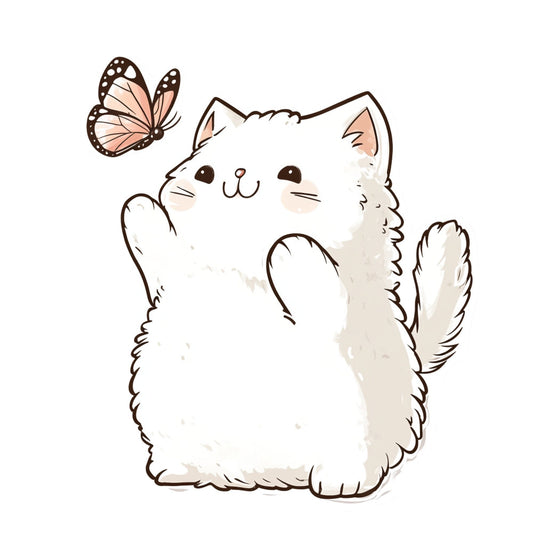white cat, cream colored, peach, brown, cute animals, whimsical, playful, butterfly, nature, children's, kawaii, fluffy, fuzzy, cat lover, pet themed, modern, contemporary, baby quilt, nursery, girl's fabric, sweet, charming, illustration style, animal motif, spring, gentle, soft colors