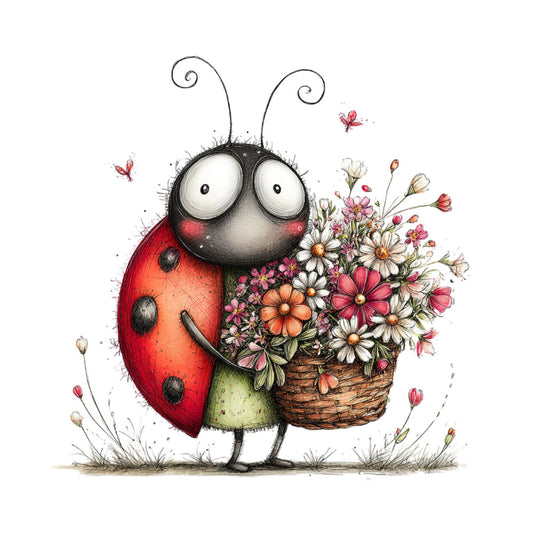 ladybug, whimsical, red, coral pink, cream, sage green, floral, nature, insects, flowers, daisies, cosmos, charming, children's, spring, garden, basket, cute, playful, illustrated, storybook, decorative, animal, botanical, cheerful, folk art, nursey, baby, wall hanging, apron
