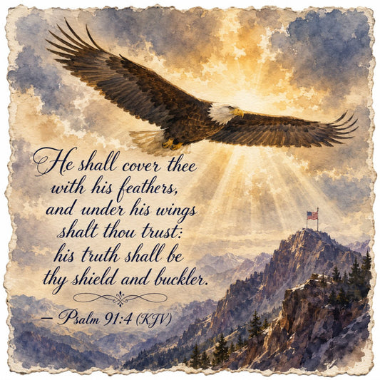 eagle, bald eagle, religious, spiritual, inspirational, psalm 91, scripture, bible verse, mountains, patriotic, american flag, landscape, nature, gold, cream, tan, beige, brown, navy blue, vintage, rustic, elegant, traditional, majestic, protective, wings, feathers, sky, clouds, sunburst