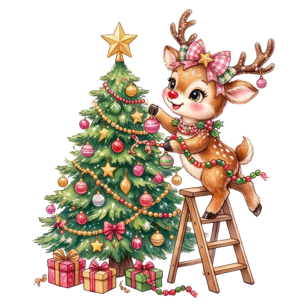 christmas, holiday, reindeer, festive, whimsical, cute, adorable, red nose reindeer, rudolph, christmas tree, ornaments, gold, pink, red, green, forest green, coral pink, gold accents, stars, baubles, decorations, presents, gifts, bows, pearls, beads, ladder, vintage, retro, traditional