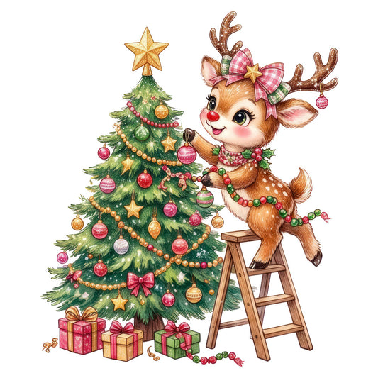 christmas, holiday, reindeer, festive, whimsical, cute, adorable, red nose reindeer, rudolph, christmas tree, ornaments, gold, pink, red, green, forest green, coral pink, gold accents, stars, baubles, decorations, presents, gifts, bows, pearls, beads, ladder, vintage, retro, traditional