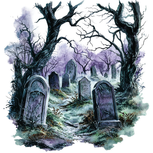 graveyard, gothic, halloween, spooky, dark trees, bare branches, tombstones, headstones, cemetery, purple, black, gray, teal, muted colors, vintage, eerie, haunted, moody, autumn, fall, nature, woodland, horror, dark academia, witchy, atmospheric, watercolor, illustration, detailed, elegant gothic
