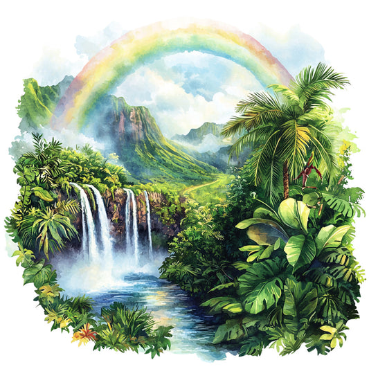 tropical paradise, rainbow, waterfall, palm trees, lush greenery, mountains, fabric panel, watercolor style, hawaiian landscape, emerald green, turquoise blue, vibrant colors, jungle foliage, cascading water, scenic nature, quilting cotton, paradise scene, tropical plants, misty clouds, serene atmosphere