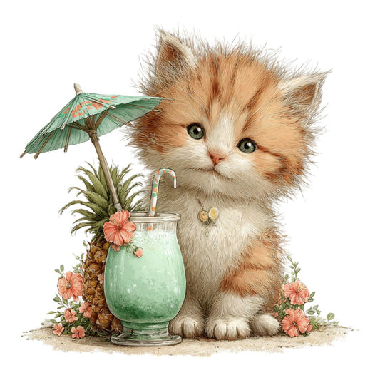 kitten, cat, fluffy, whimsical, tropical, summer, spring, beach, vacation, cocktail, umbrella drink, pineapple, gerbera daisy, coral pink, sage green, mint green, cream, soft pastels, cute animals, playful, illustrative, botanical, flowers, girly, children's, nursery, baby, sweet, charming, nature-inspired