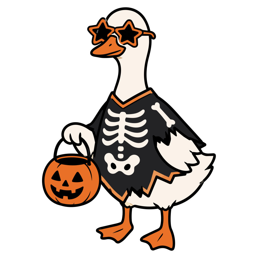 halloween, skeleton, duck, goose, trick-or-treat, pumpkin, jack-o-lantern, costume, star-shaped sunglasses, bone, ribcage, festive, whimsical, spooky, autumn, fall, orange, black, cream, ivory, off-white, holiday, novelty, character, playful, children's, fun, quirky, seasonal, october
