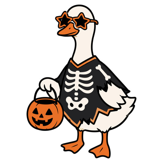 halloween, skeleton, duck, goose, trick-or-treat, pumpkin, jack-o-lantern, costume, star-shaped sunglasses, bone, ribcage, festive, whimsical, spooky, autumn, fall, orange, black, cream, ivory, off-white, holiday, novelty, character, playful, children's, fun, quirky, seasonal, october
