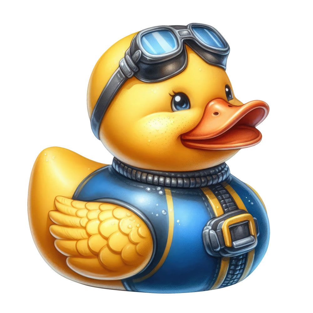 yellow duck, orange bill, aviator goggles, blue flight suit, steampunk, whimsical, adventurous, pilot duck, retro, vintage inspired, transportation theme, animal character, children's fabric, nursery, baby quilt, bright yellow, cornflower blue, black accents, gold highlights, quirky, playful, mechanical details, gadgets, explorer theme, summer, boy's fabric, novelty print, character design, cute animals