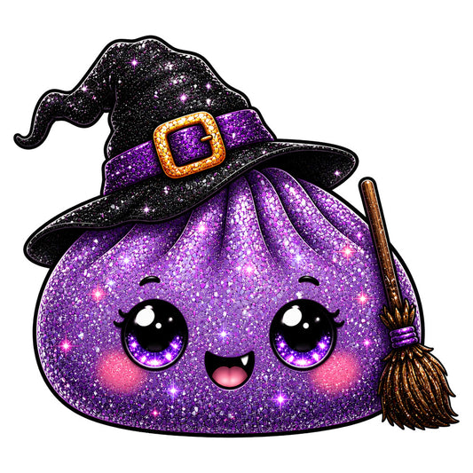 purple glitter, black sparkle, witch hat, broomstick, magical, whimsical, celestial, halloween, cute character, kawaii, glittery, shimmery, big eyes, smiling face, gold buckle, star embellishments, dark purple, cosmic, enchanted, mystical, fantasy, spooky, child-friendly, playful, festive, novelty print, character design, metallic accents, autumn, october