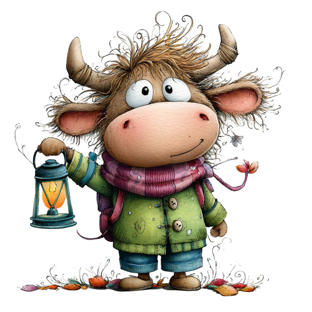 whimsical cow, highland cattle, cute animal, folk art, rustic farmhouse, spring, summer, lime green, sage green, purple, pink, blue denim, terracotta, cream, woodland, cottage core, children's illustration, playful character, nature lover, flower picking, lantern, cozy, handcrafted style, illustrative, storybook, pastoral, quirky animal, boho whimsical, country charm, pastoral scene