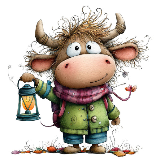 whimsical cow, highland cattle, cute animal, folk art, rustic farmhouse, spring, summer, lime green, sage green, purple, pink, blue denim, terracotta, cream, woodland, cottage core, children's illustration, playful character, nature lover, flower picking, lantern, cozy, handcrafted style, illustrative, storybook, pastoral, quirky animal, boho whimsical, country charm, pastoral scene