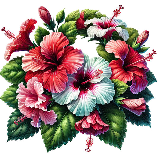 hibiscus, floral, red, pink, coral pink, white, cream, forest green, deep green, magenta, purple, botanical, nature, tropical, summer, spring, flowers, large scale floral, bold floral, vibrant, elegant, romantic, garden, lush, blooms, buds, stamens, multi-colored, jewel tones, artistic