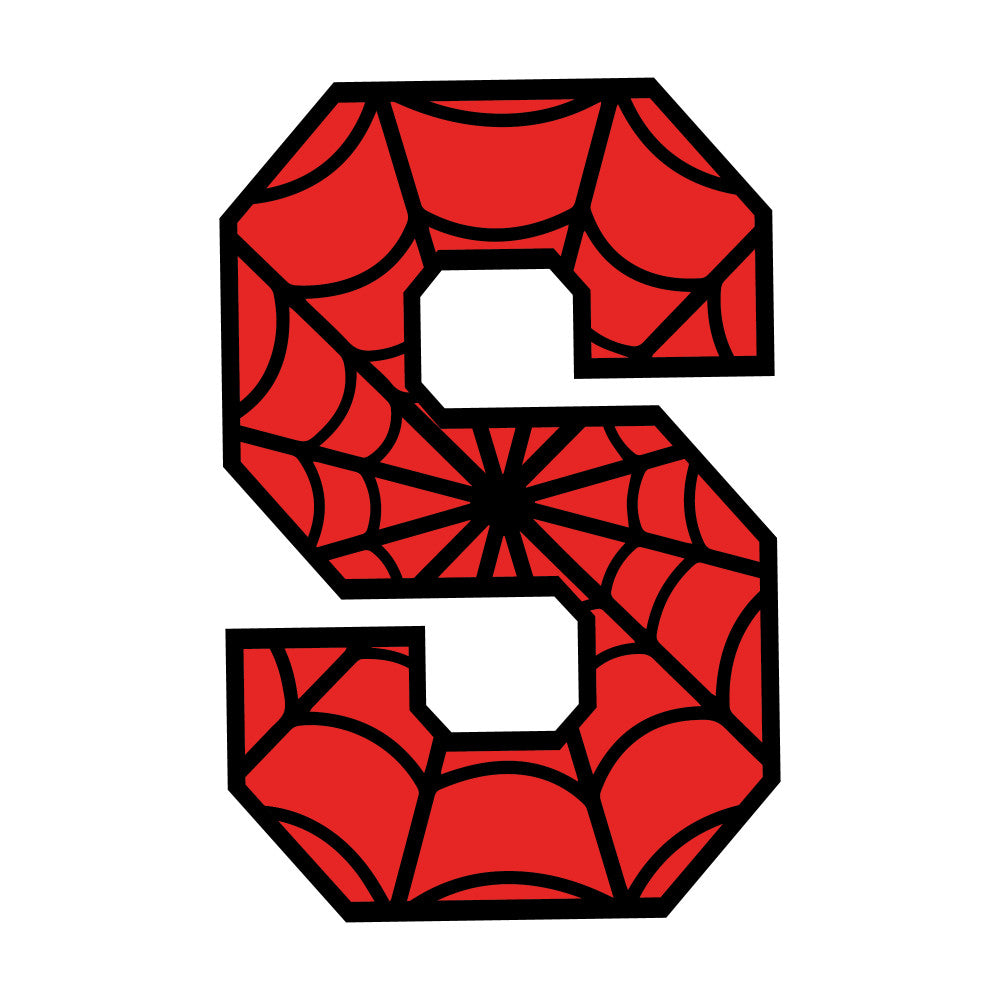 red, black, spider web, alphabet letter, comic book style, superhero theme, fabric panel, quilting cotton, children's fabric, novelty print, educational fabric, letter s, web pattern, bright red, cartoon style, kids decor, sewing project, applique fabric, craft material
