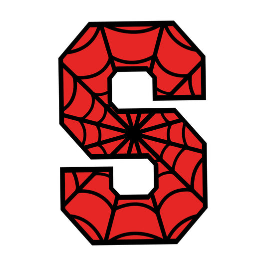 red, black, spider web, alphabet letter, comic book style, superhero theme, fabric panel, quilting cotton, children's fabric, novelty print, educational fabric, letter s, web pattern, bright red, cartoon style, kids decor, sewing project, applique fabric, craft material