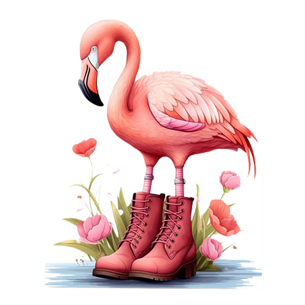flamingo, pink bird, red boots, lace-up boots, coral pink, salmon pink, watercolor style, whimsical, tropical bird, floral elements, tulips, green foliage, fabric panel, quilting cotton, nature scene, spring flowers, artistic illustration, soft pastels, decorative panel, novelty print
