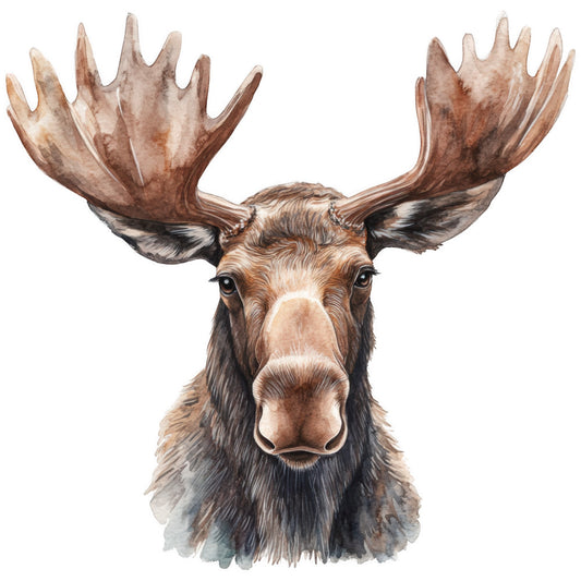 moose, wildlife, animal portrait, brown, tan, beige, antlers, watercolor style, realistic illustration, fabric panel, quilting cotton, nature scene, forest animal, outdoor theme, hunting decor, rustic, earthy tones, detailed artwork, mammal, head portrait