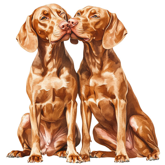 caramel brown, warm tan, copper, light cream, dog lovers, dogs, animal, pet, two dogs, kissing dogs, affectionate, playful, whimsical, cute, realistic illustration, portrait style, animal portrait, family pet, dog breed, companion animals, pet lovers, humorous, sweet, endearing, home decor, wall art, decorative panel, dog enthusiast