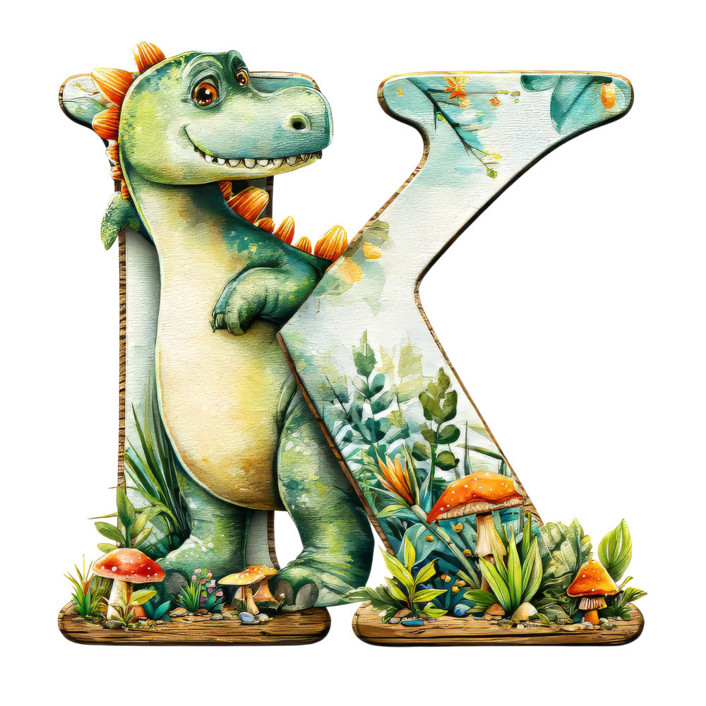 dinosaur, letter x, green, orange, yellow, teal, watercolor style, prehistoric, spikes, friendly cartoon, botanical elements, mushrooms, foliage, leaves, fabric panel, quilting cotton, children's theme, educational alphabet, nature scene, whimsical illustration